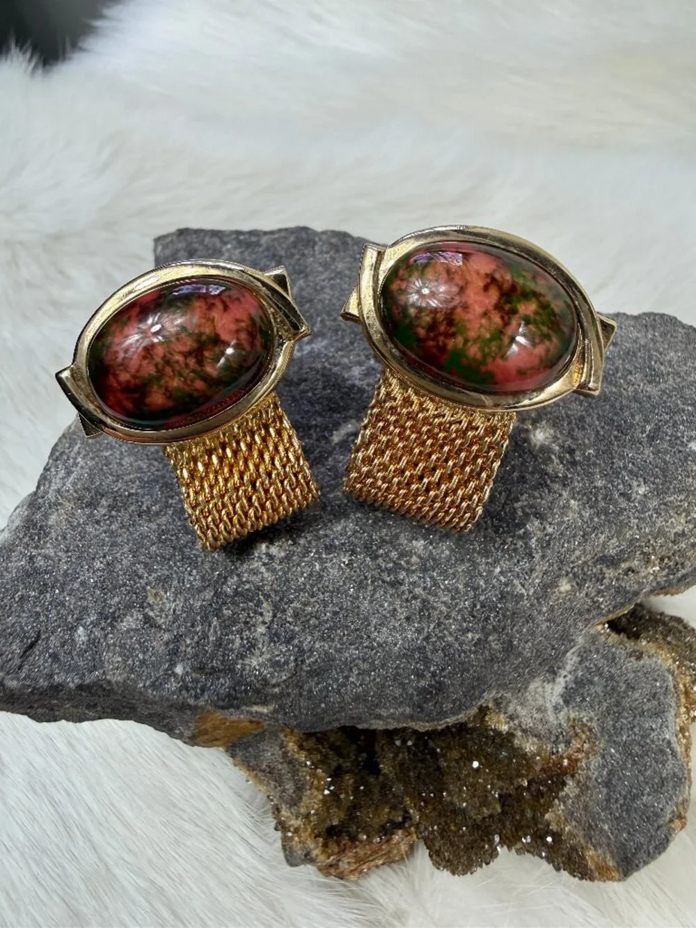 Vintage Unakite Stone Gold Tone Mesh Cuff Links Cufflinks MCM 1.25